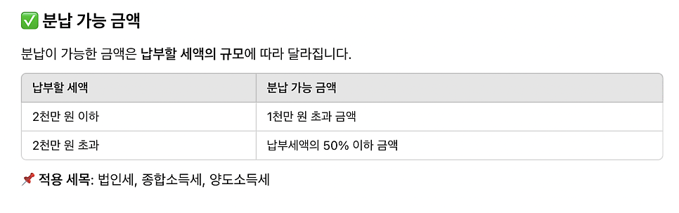 1. 분납 가능한 세금과 조건 📌