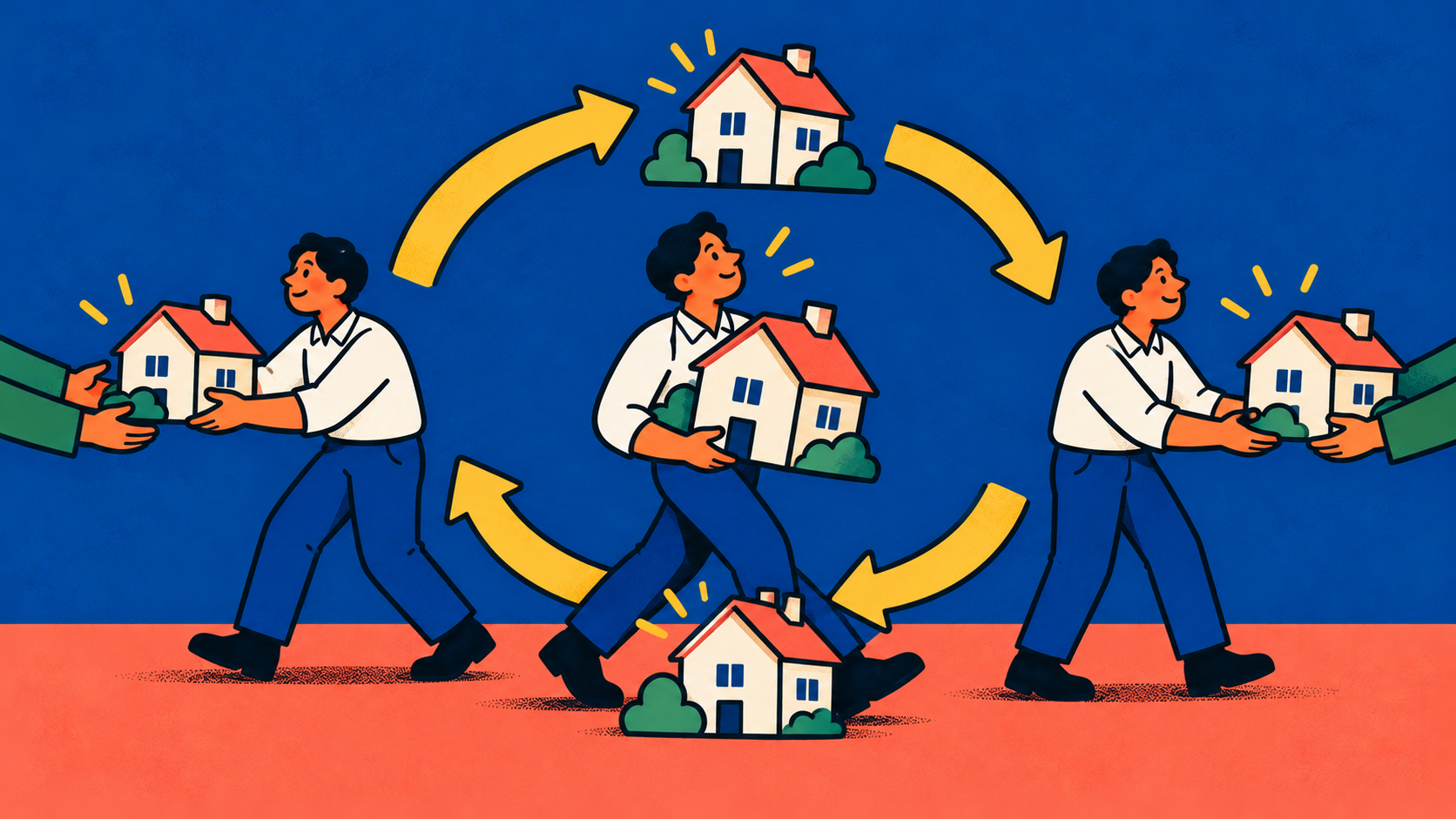 집을 사고파는 사람과 순환하는 화살표